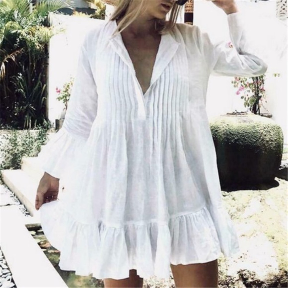 Boho White ruffle hem 3/4 sleeve v neck dress - Picture 4 of 5